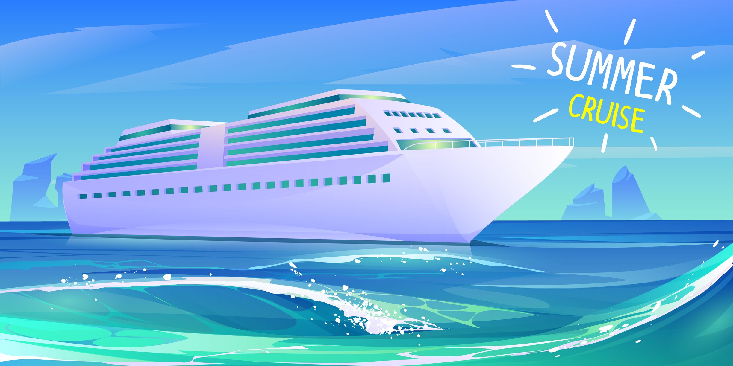 drawing of cruise ship on the water with a Summer Cruise sign above it