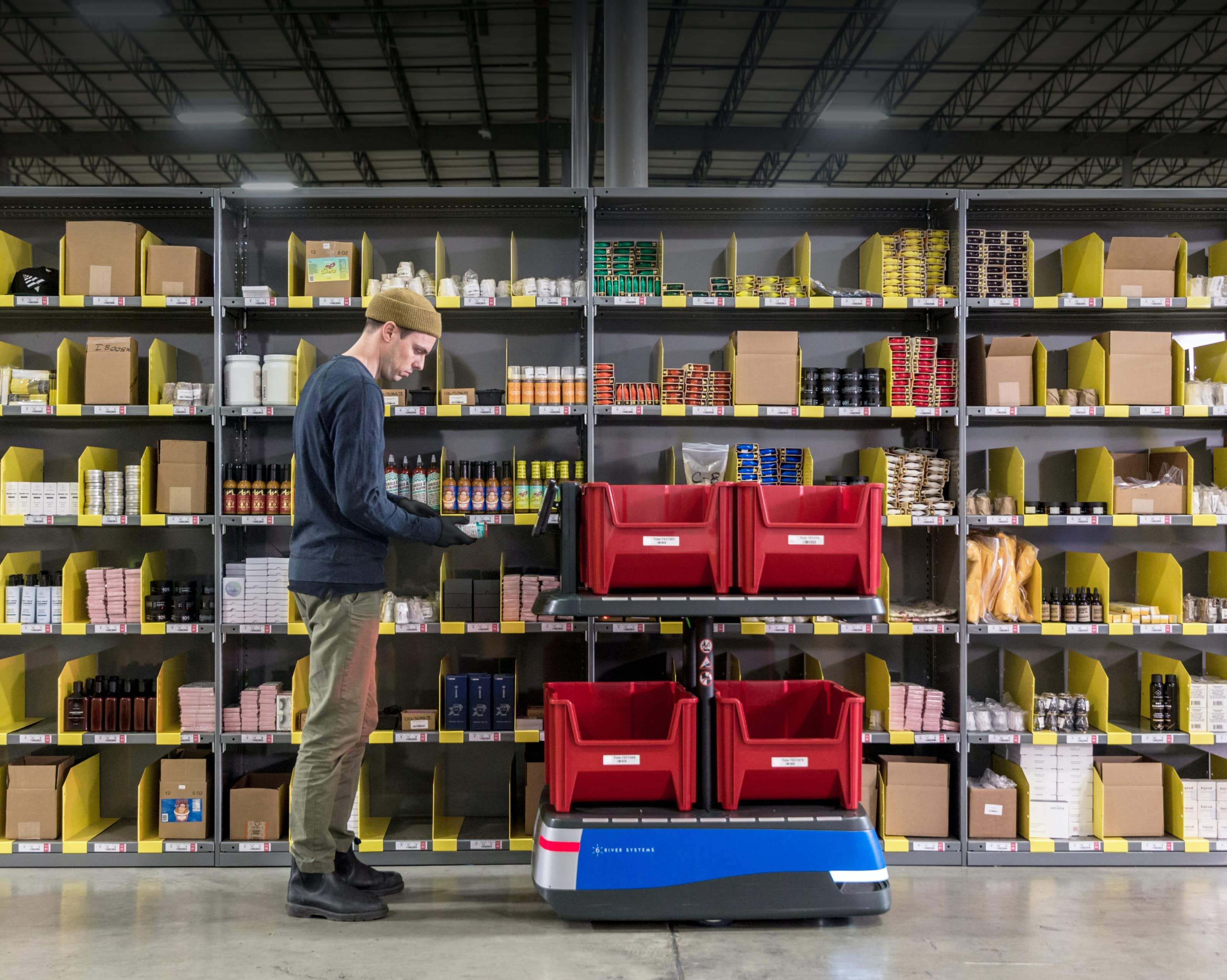 Warehouse employee standing next to shelves of products in bins and a robot with bins to pull products for customer orders.
