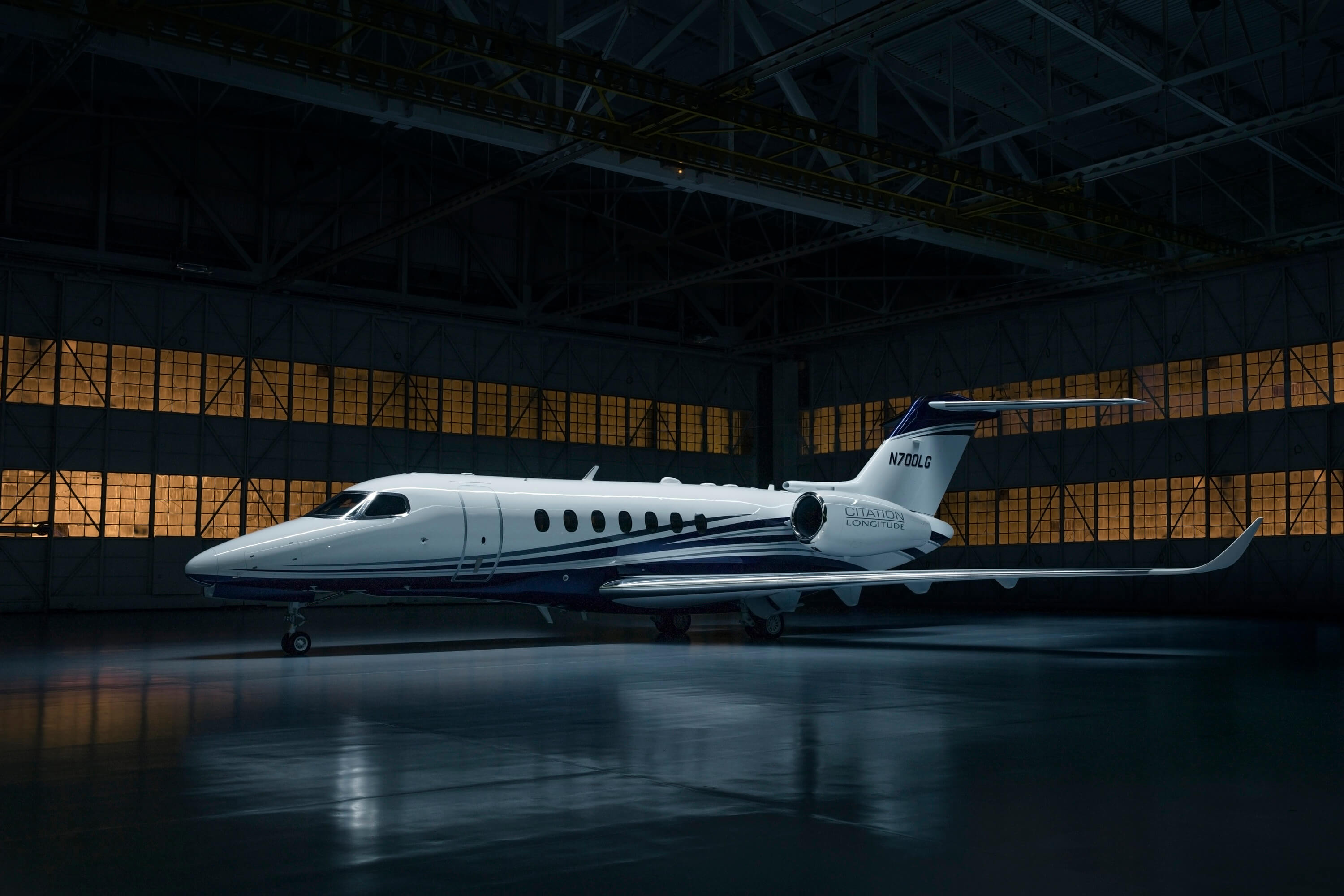 Textron's Cessna Citation Longitude jet in a hangar