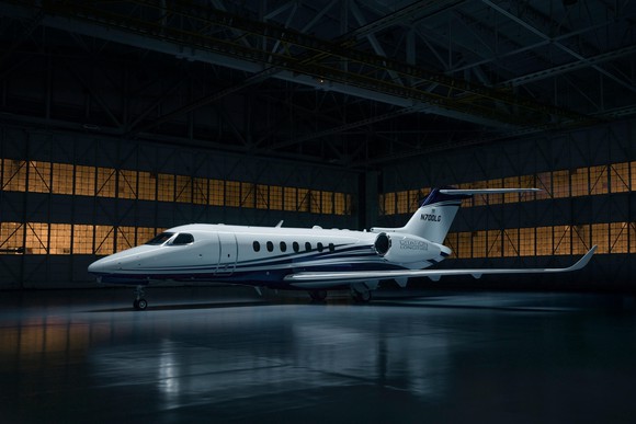 Textron's Cessna Citation Longitude jet in a hangar