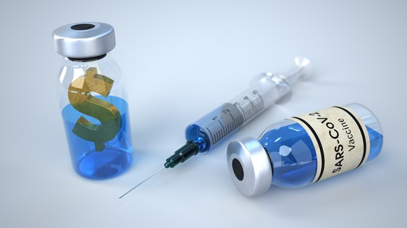 Vaccine vial with a dollar sign in it next to a syringe and a vial labeled SARS-CoV-2 Vaccine on its side