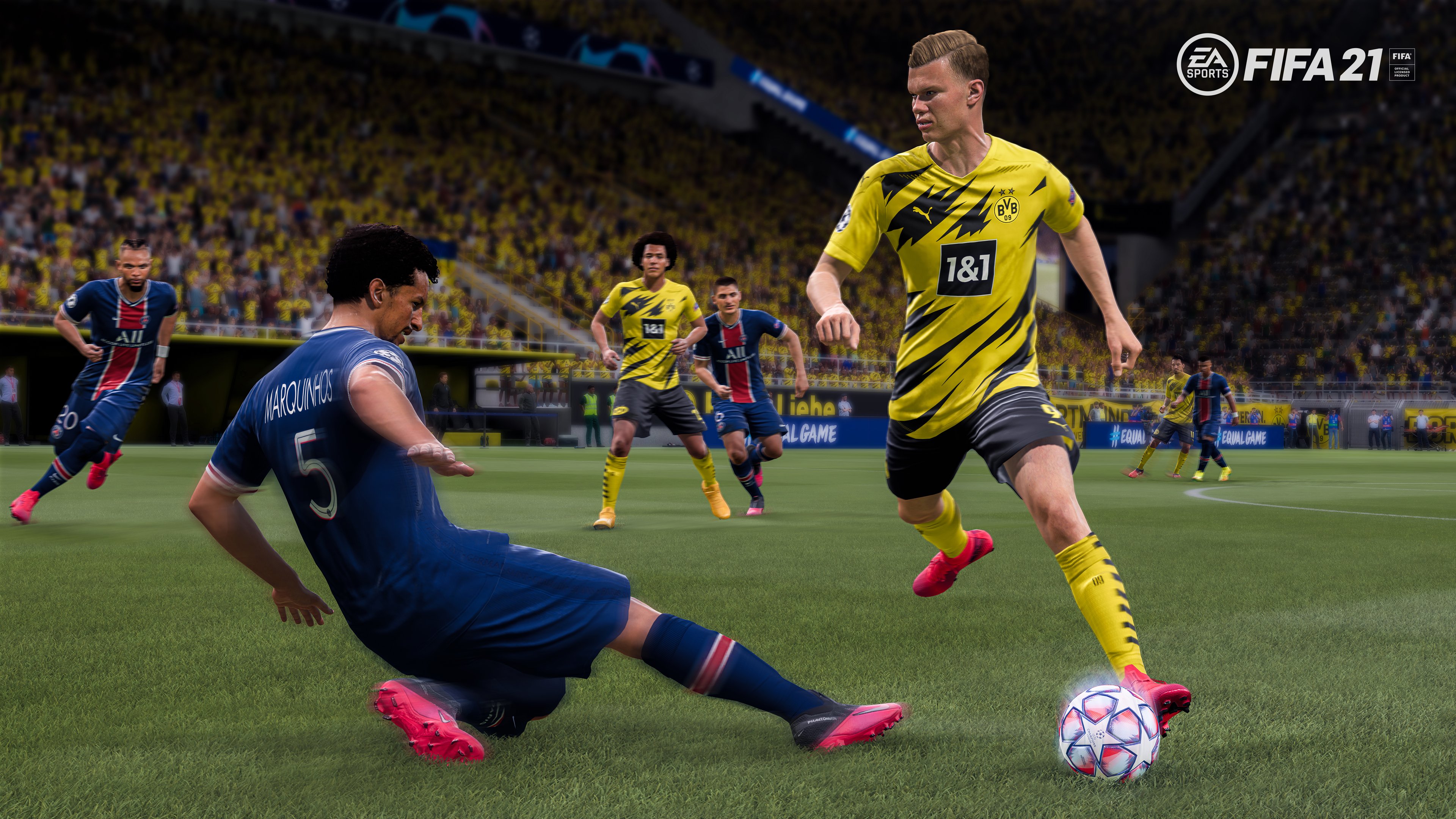 A screenshot from the Electronic Arts Fifa 21 video game shows soccer players in action.