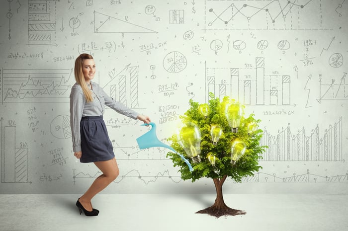 Woman pouring water on a tree that's growing light bulbs.