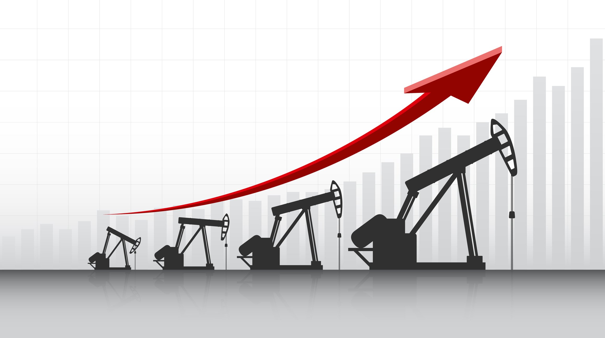An up-trending arrow suspended over oil pumpjacks. 