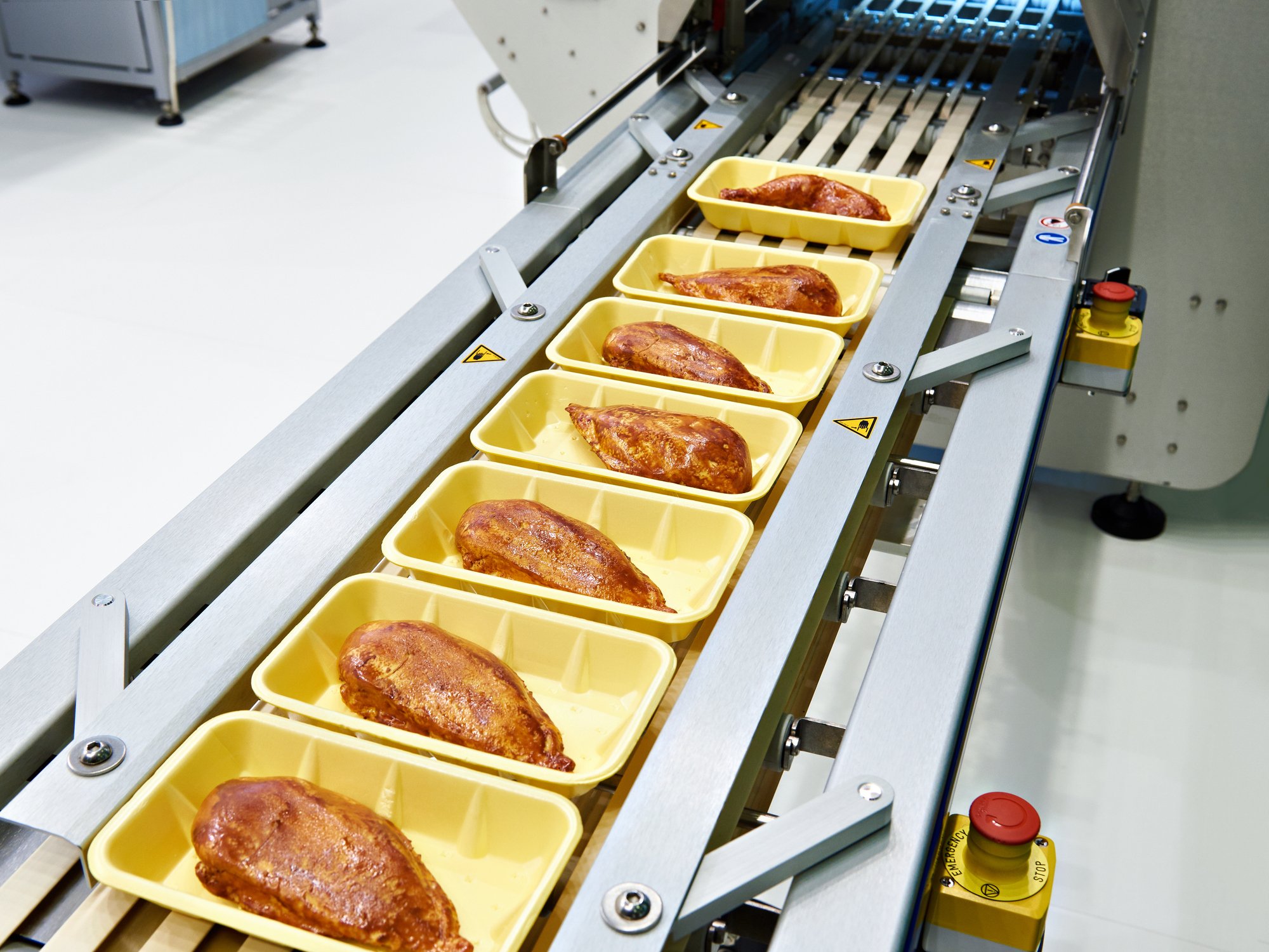 Chicken meat in yellow plastic foam packages on a conveyor, about to be shrink-wrapped by a machine. 
