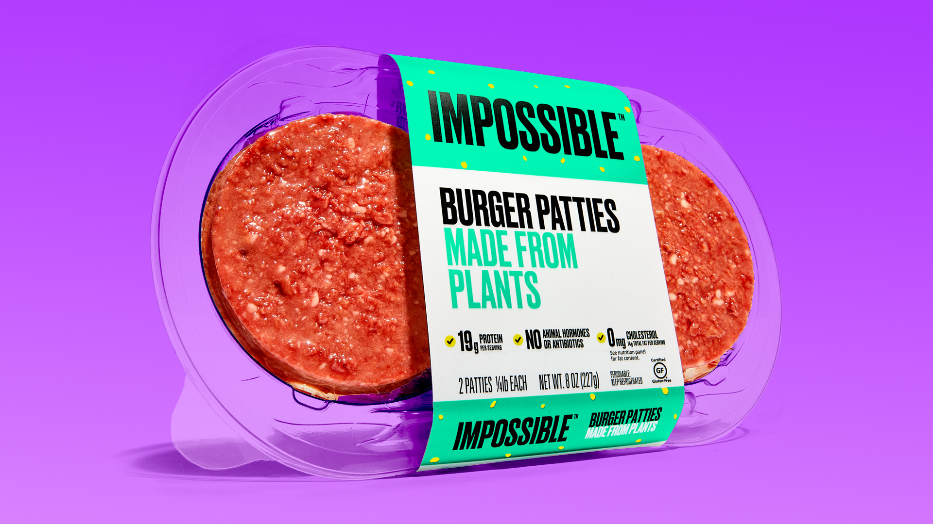 Retail packaging for burger patties made by Impossible Foods.