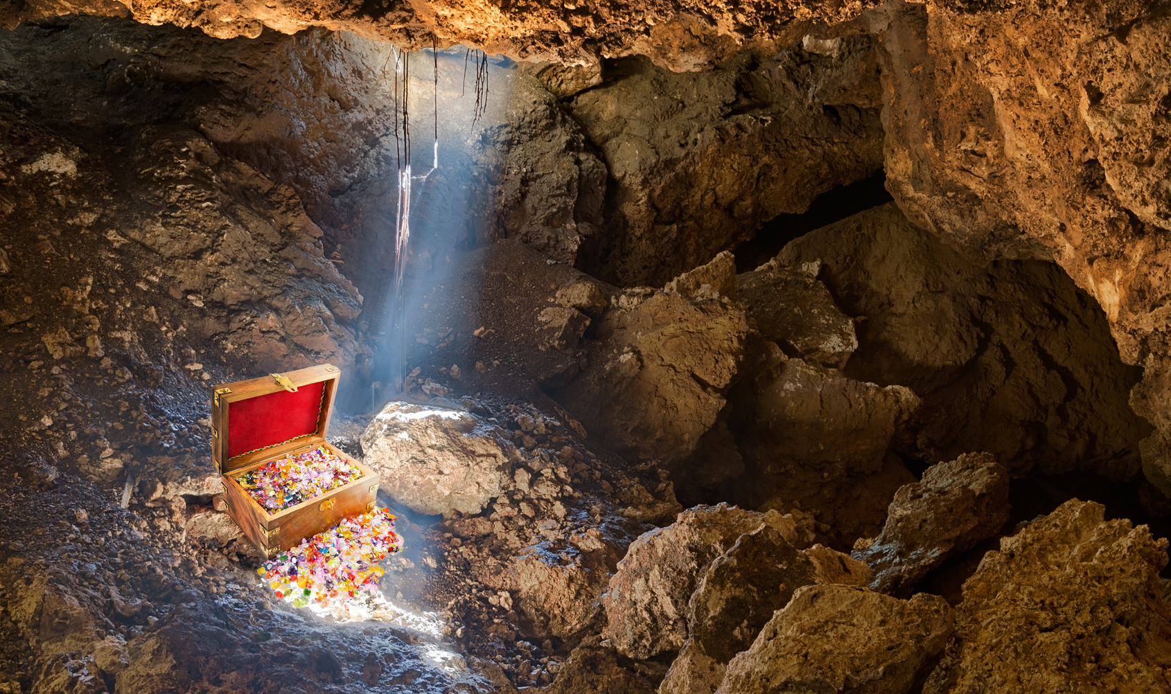In a dark cave, a single ray of sunlight shines on an open treasure chest.