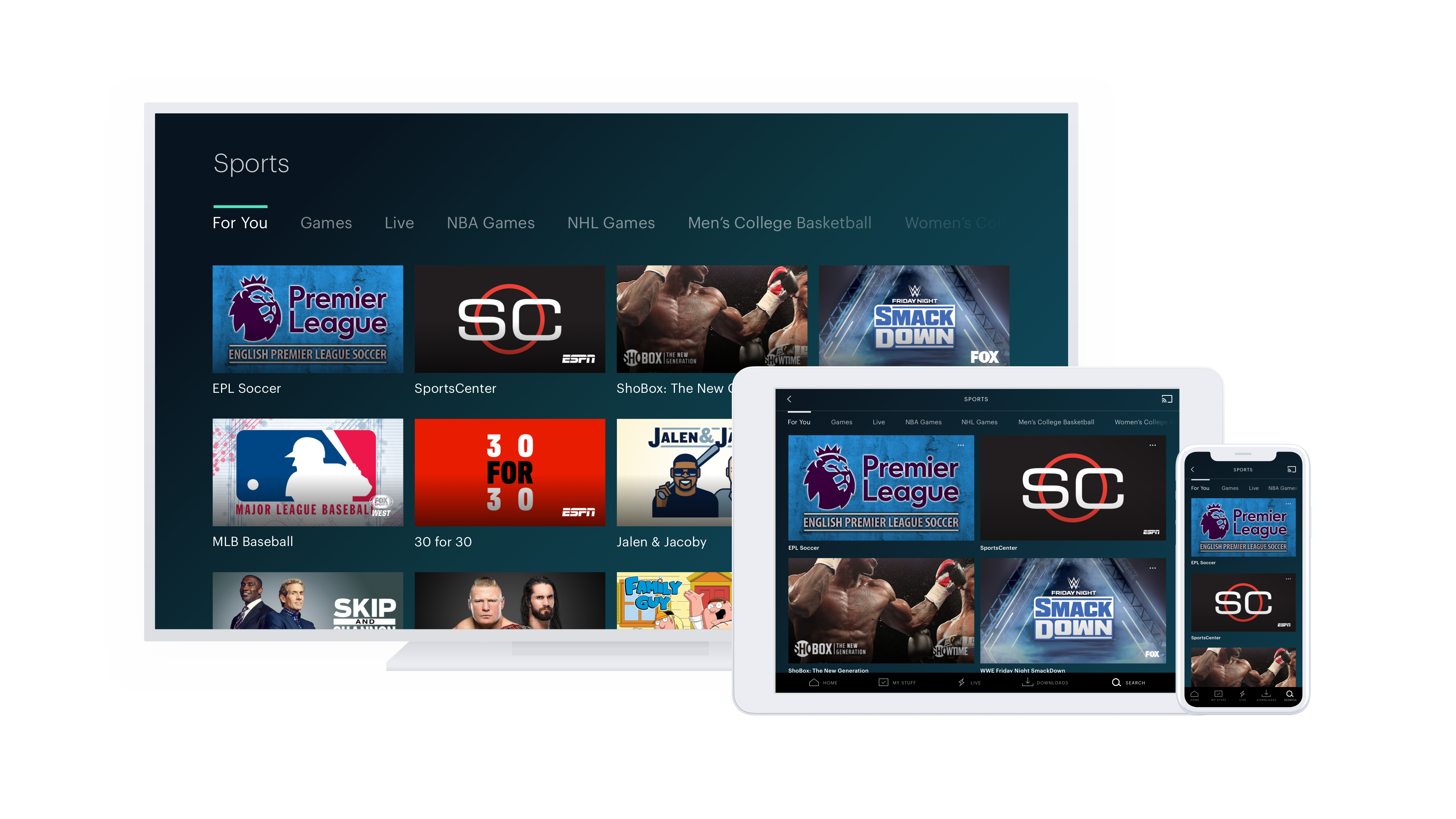 Hulu + Live TV user interface displayed on a TV, a tablet, and a smartphone.