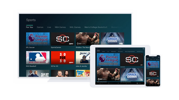 Hulu + Live TV user interface displayed on a TV, a tablet, and a smartphone.