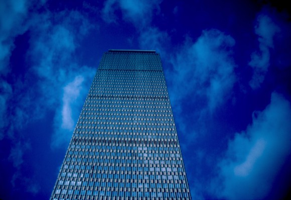 A view looking up at the Prudential Center in Boston.