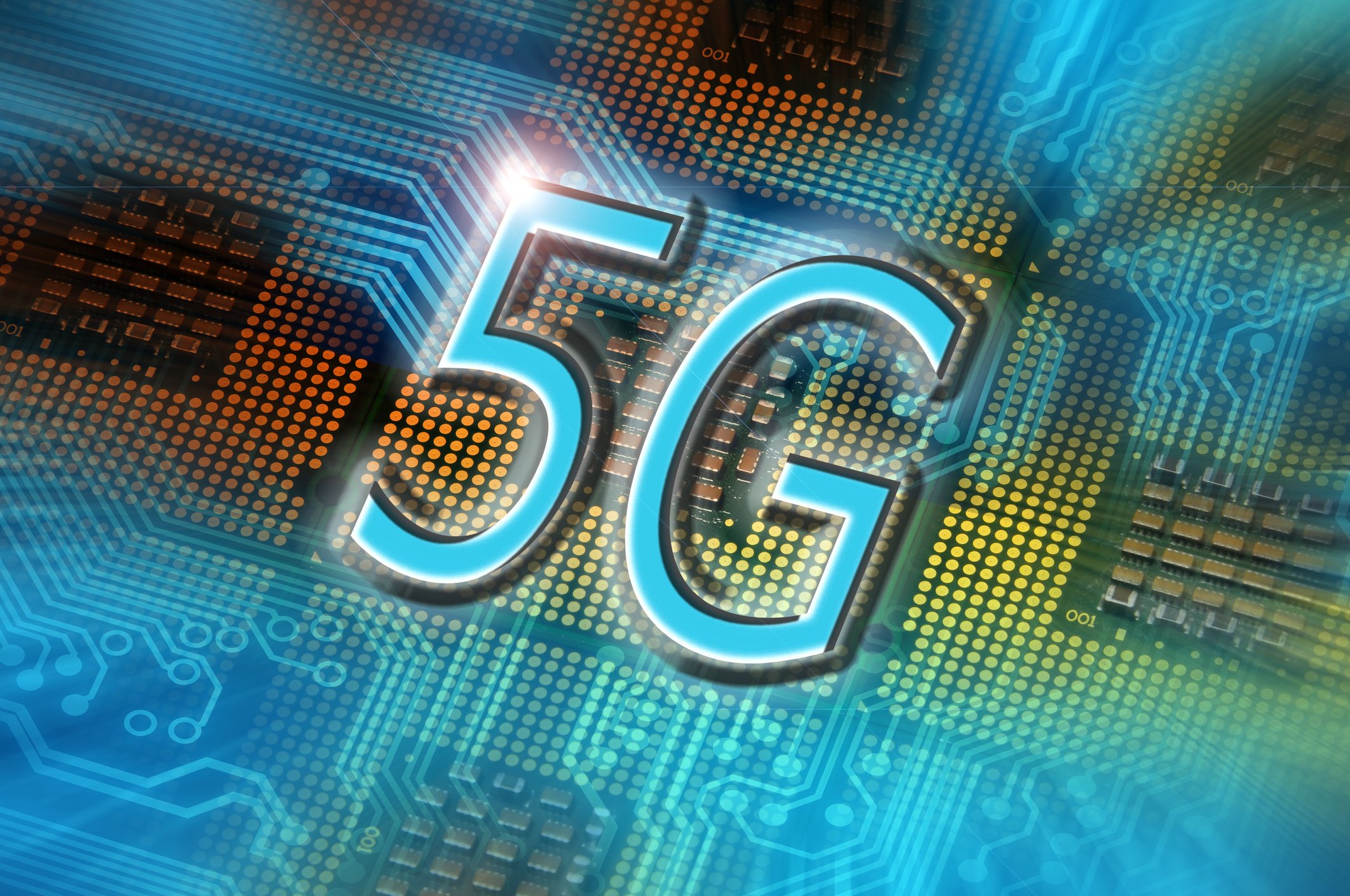 5G in big letters  on a circuit board. 