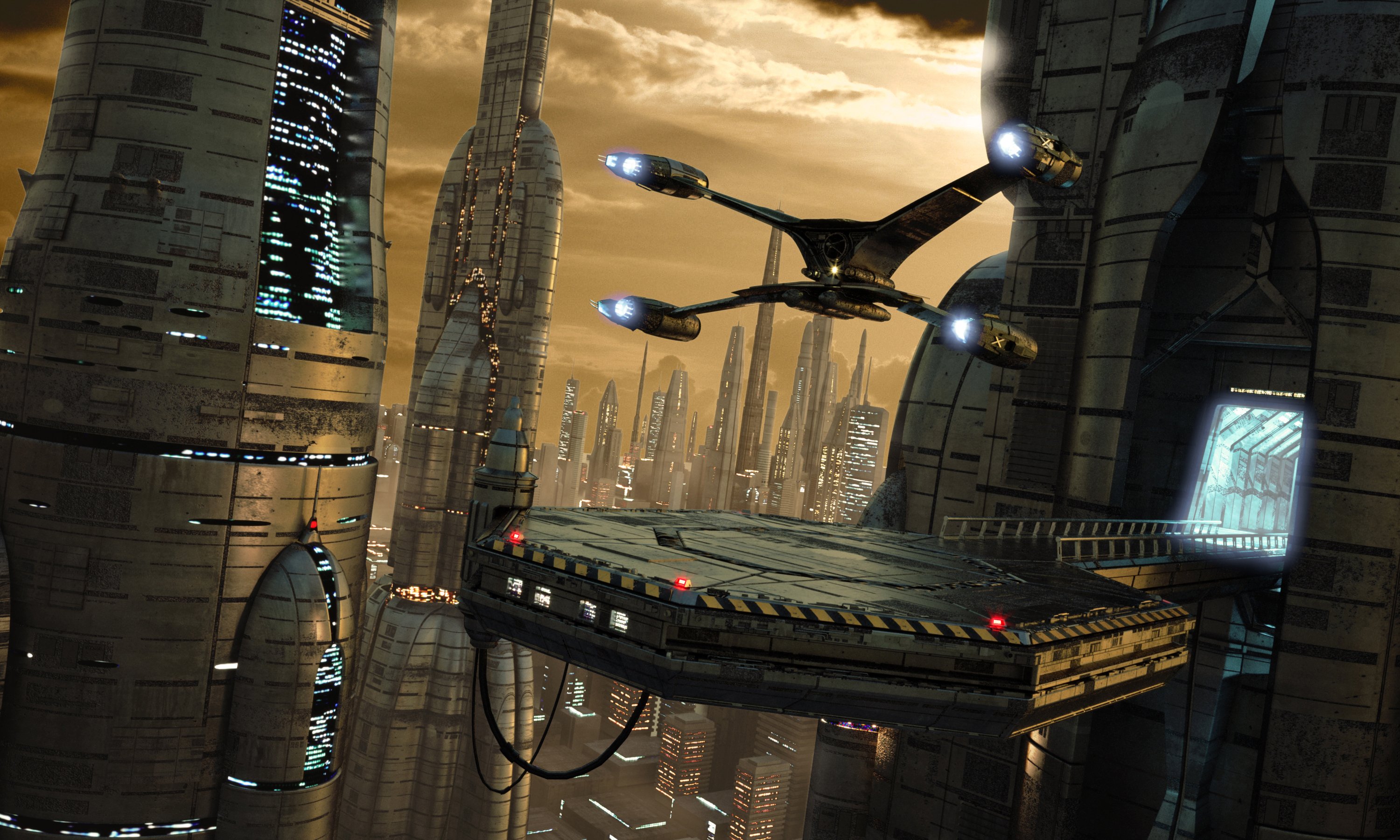 A generic science fiction scene with a quad-engine spaceship landing on a pad high in a huge high-tech city.