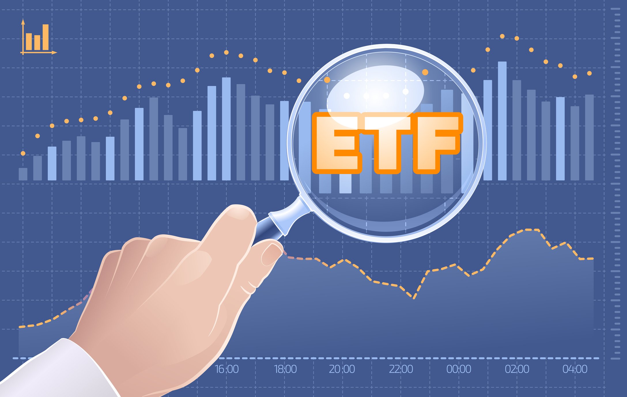 Stock chart with letters ETF under a magnifying glass held by a hand.