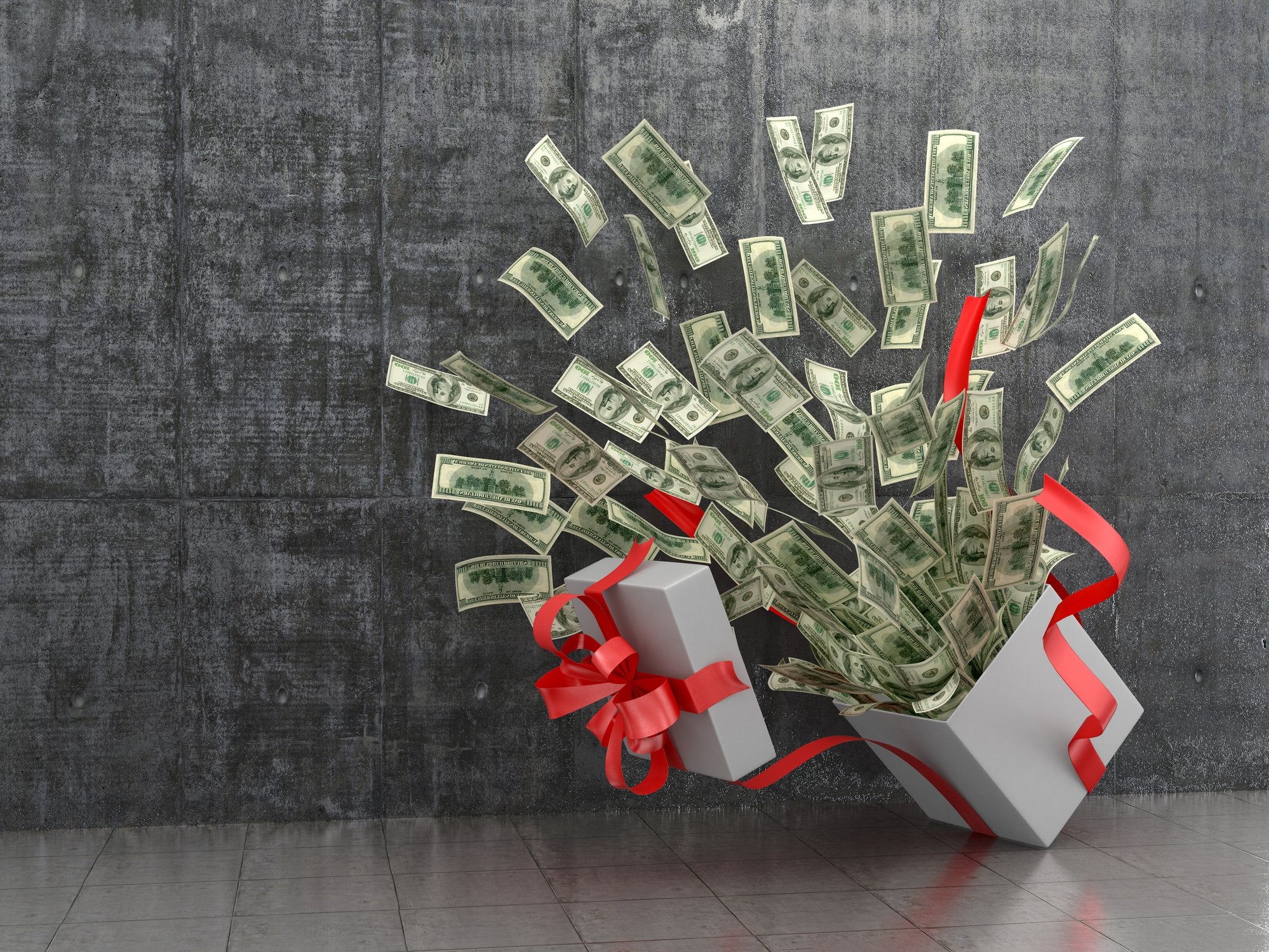 A gift wrapped box with the top flying off and cash exploding out of it.