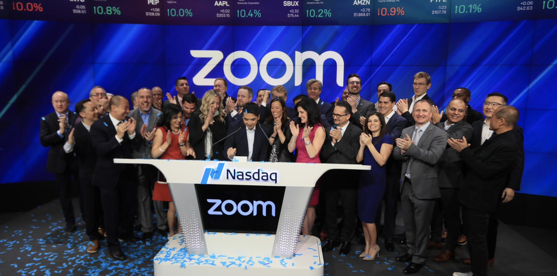 Eric Yuan at the Nasdaq podium for Zoom's IPO.

