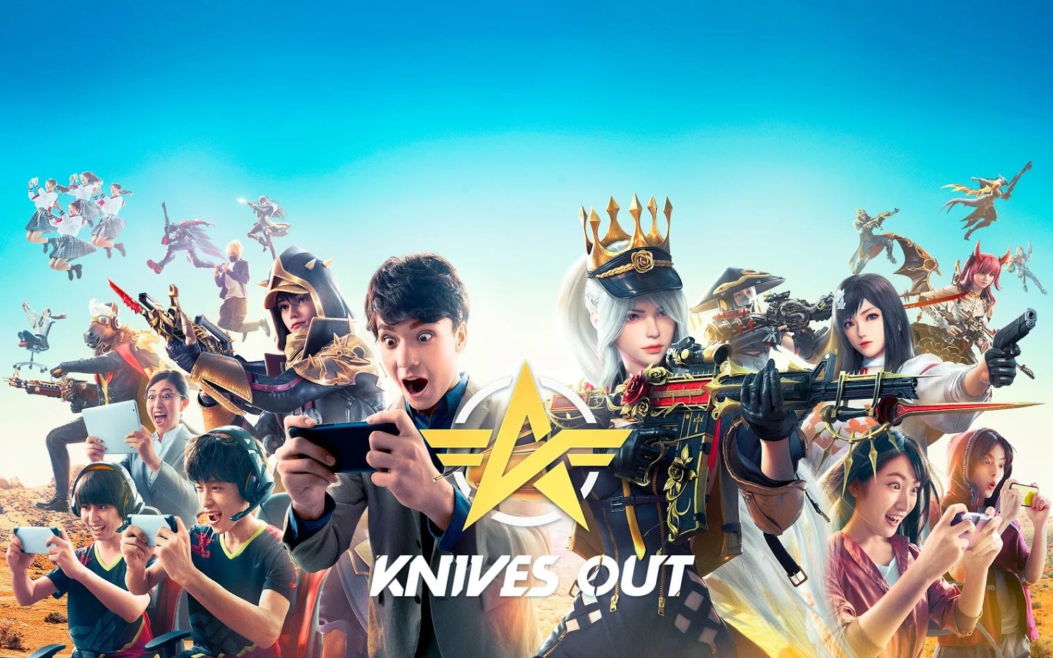 An image showing people playing NetEase's Knives Out and characters from the game