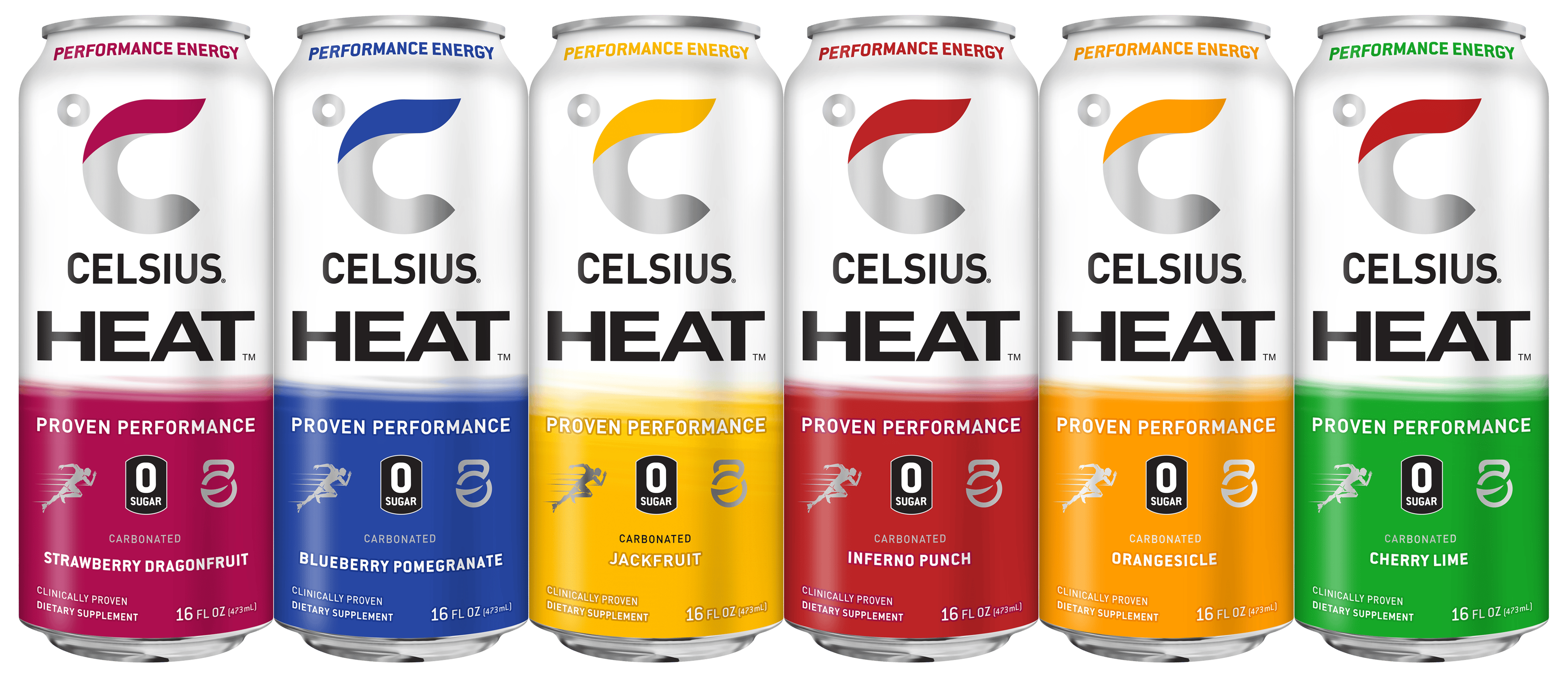 A lineup of Celsius Heat branded canned energy drinks.