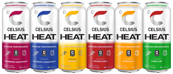 A lineup of Celsius Heat branded canned energy drinks.