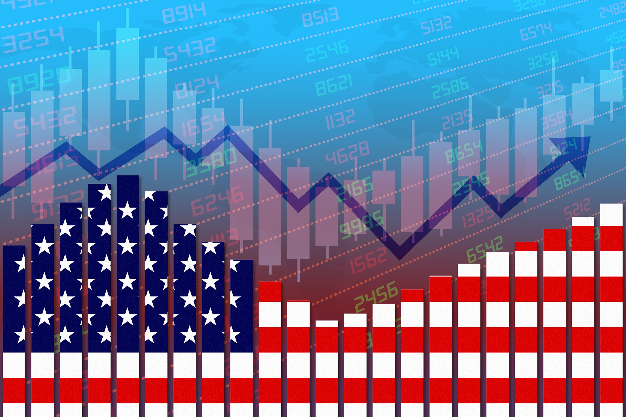A symbolic stock market chart of the COVID-19 trough and rebound with the chart made up of elements of the U.S. flag.