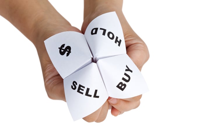 Hands holding paper fortune-teller with buy, sell, hold, and dollar sign printed on it