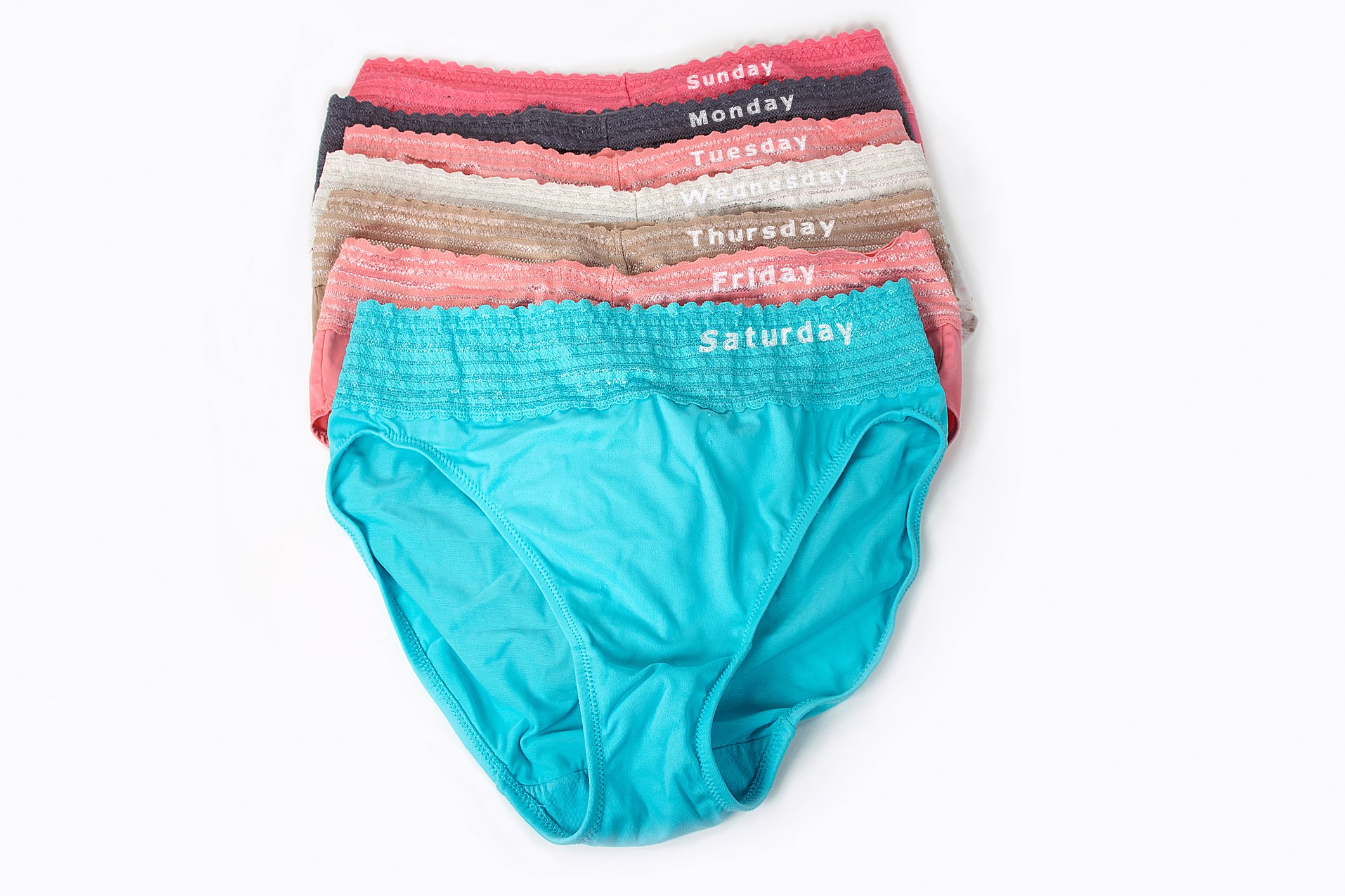 Seven pairs of underwear with each labeled for the day of the week.