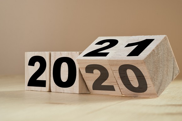 Blocks showing the year turning from 2020 to 2021