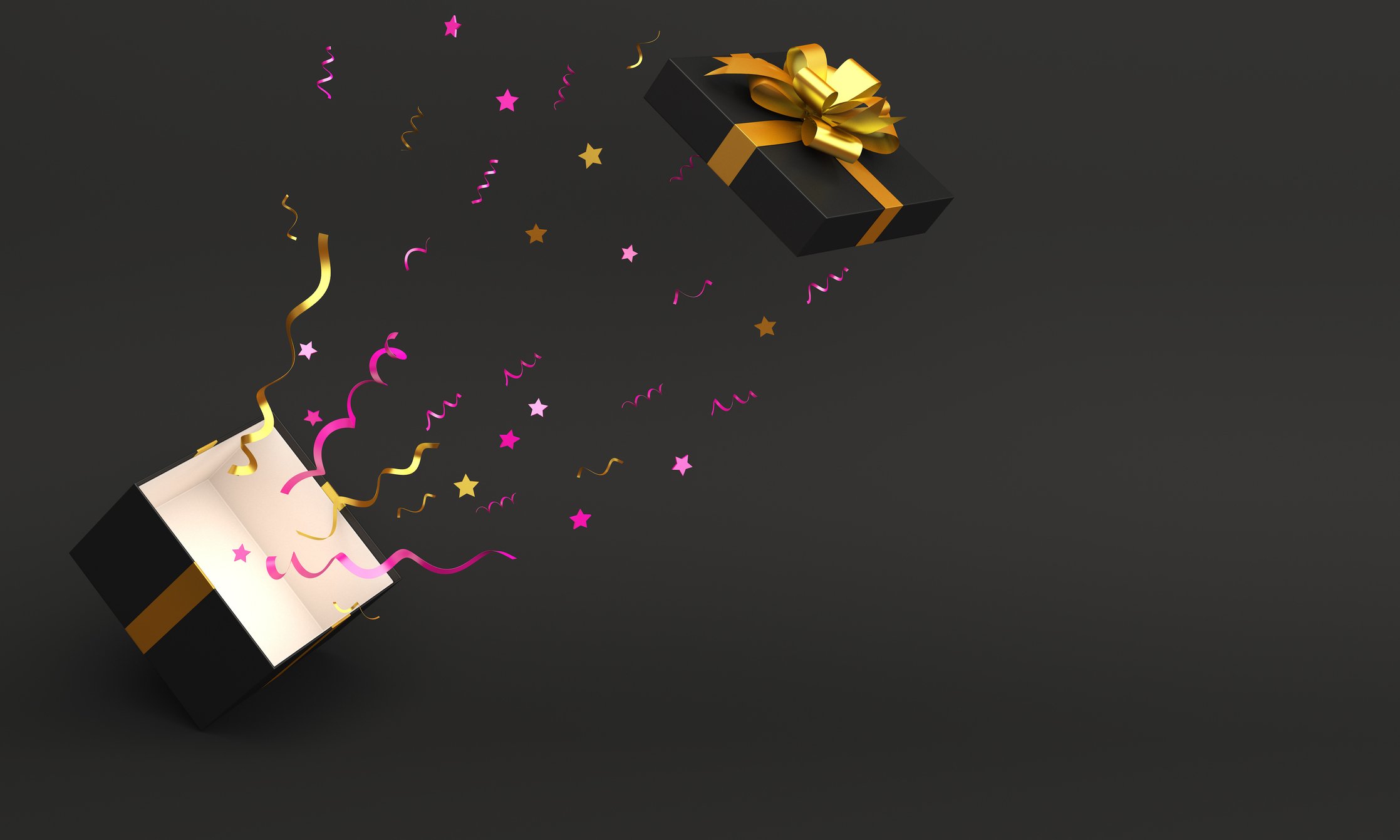 A gift box wrapped in golden ribbon launches off the top of a cube, leaving behind a trail of decorative items.