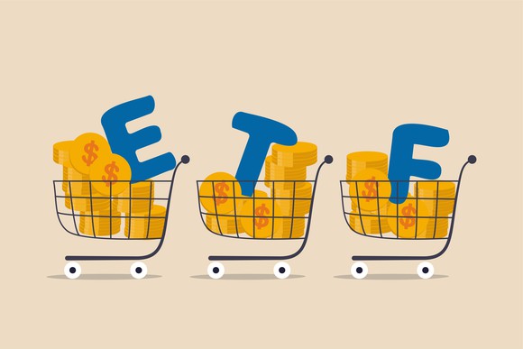 An illustration of three grocery shopping carts, each filled with yellow bags with dollar signs on them. The first one is carrying the letter E, the second one carrying the letter T, and the third one carrying the letter F. 