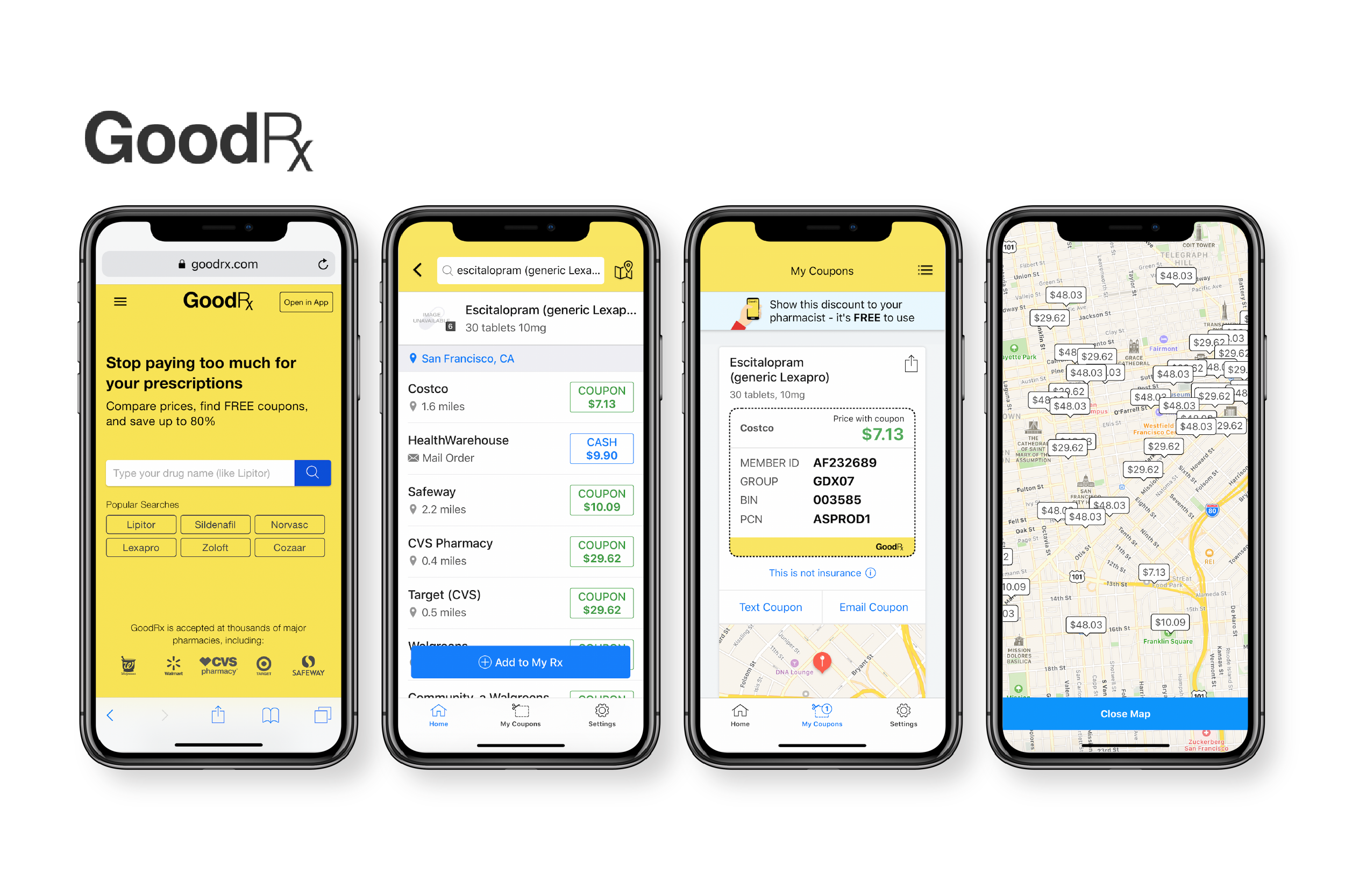 Four smartphones display different pages inside the GoodRx app.