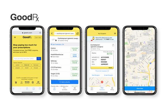 Four smartphones display different pages inside the GoodRx app.