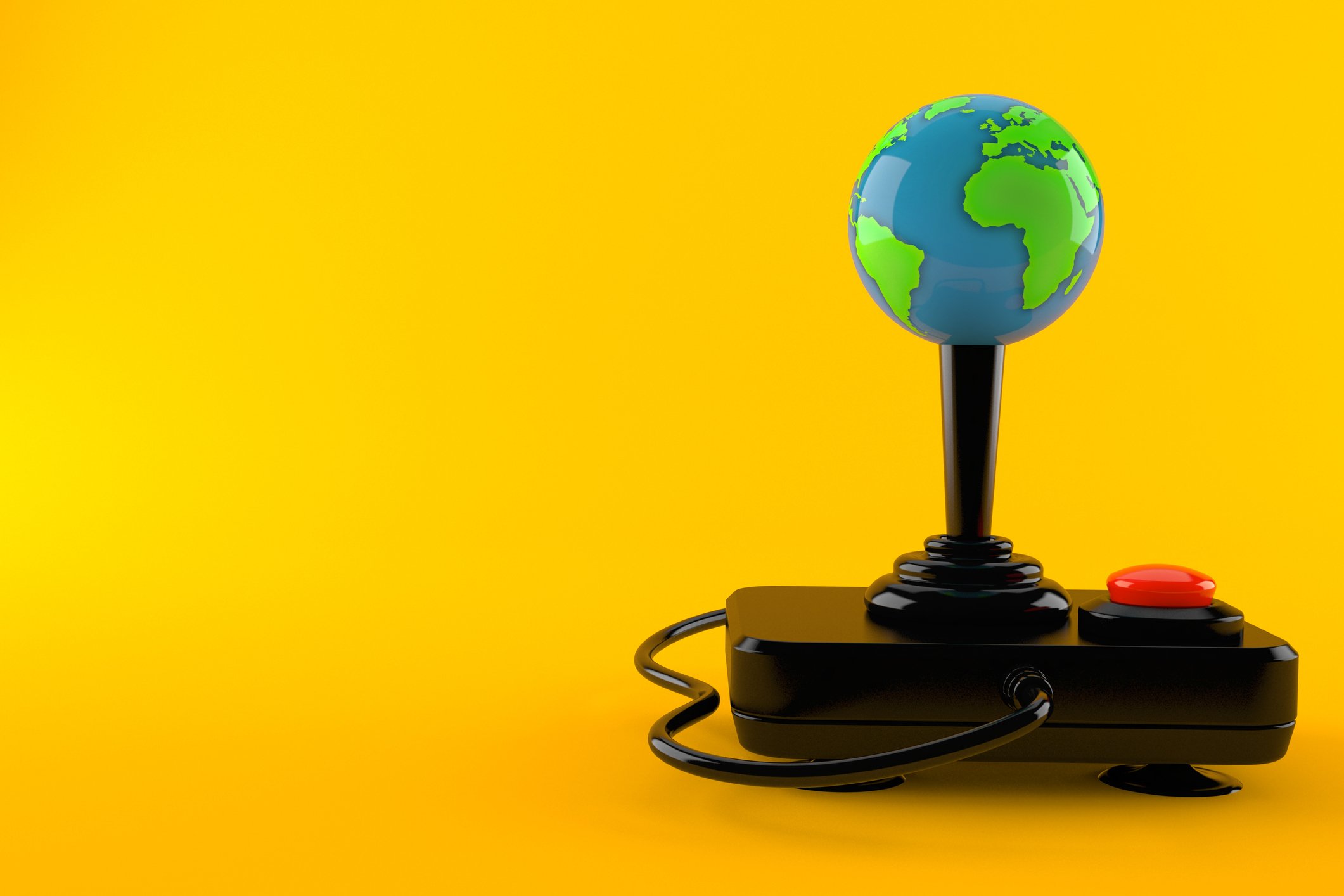 A video game controller with a globe on the joystick.