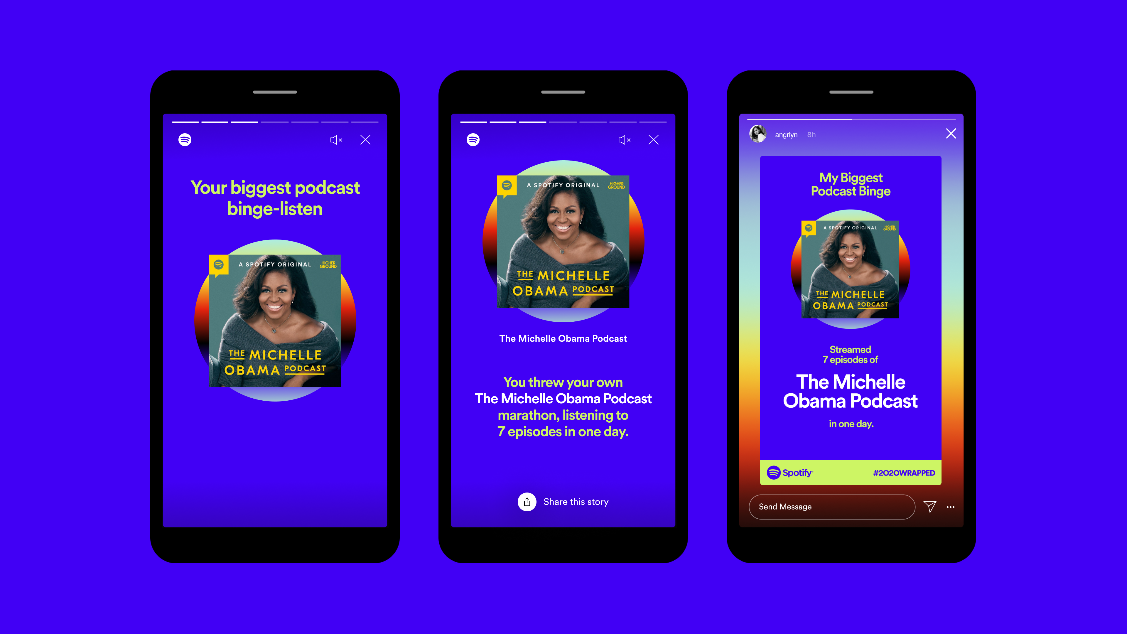 The Michelle Obama Podcast playing on smartphones.