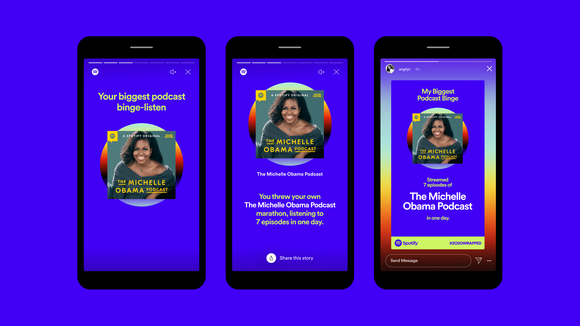 The Michelle Obama Podcast playing on smartphones.