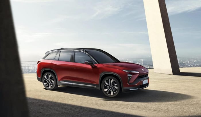 A red NIO ES6, an upscale electric two-row SUV. 