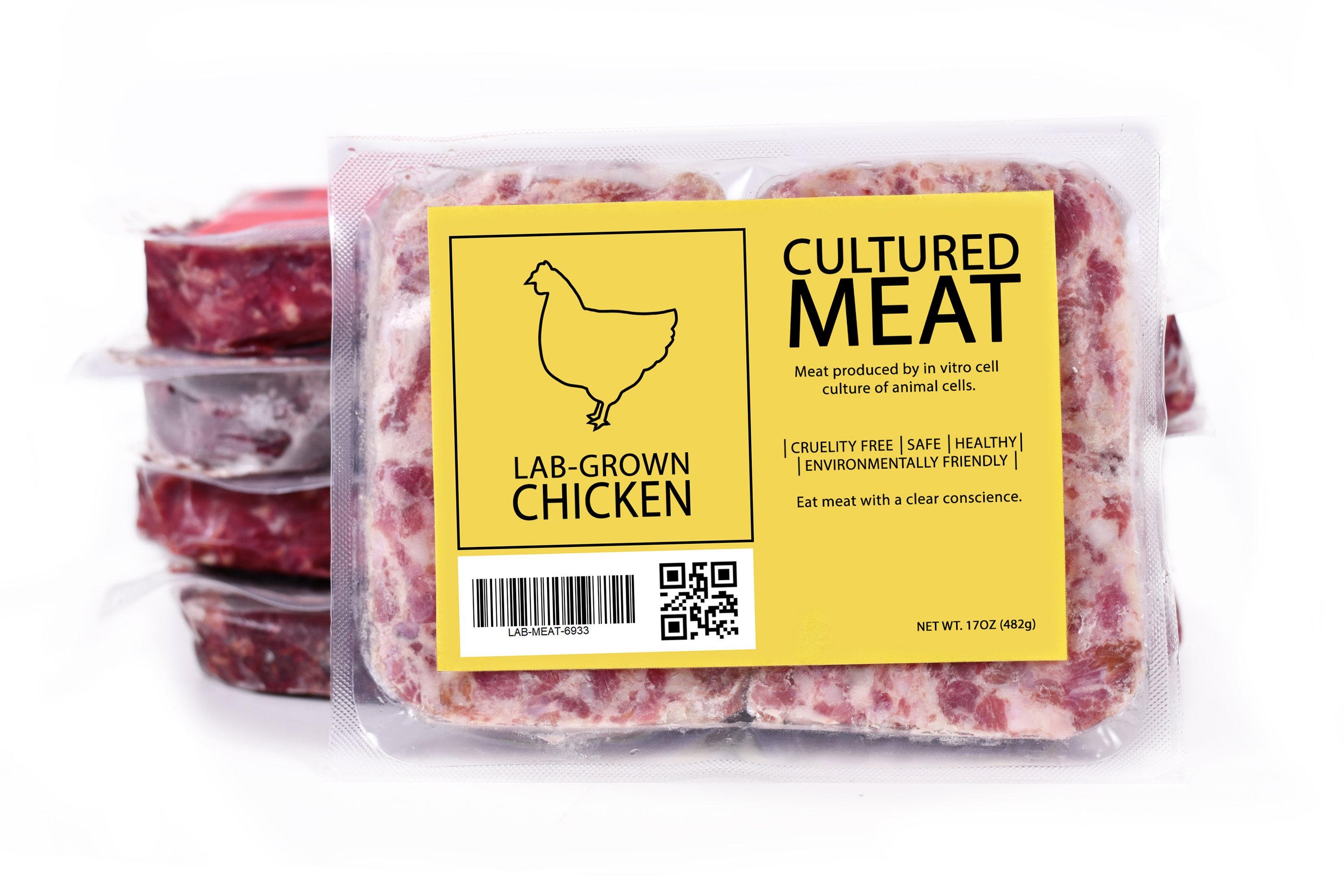 A package of meat bearing the label "Lab-Grown Chicken" as it might appear in a supermarket.
