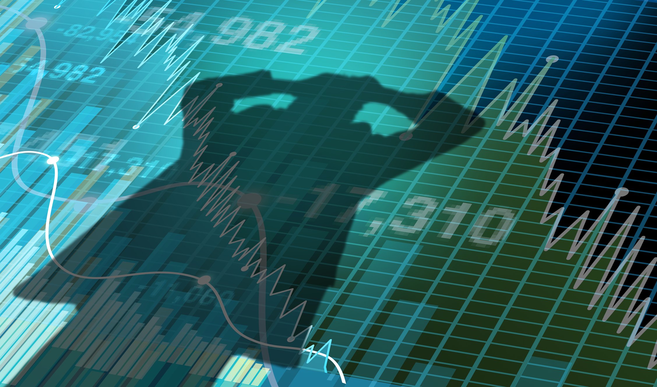 Shadow of a man in despair (holding his head) on the background of a declining stock chart.