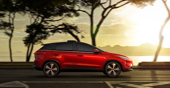 A red XPeng G3, an electric crossover SUV