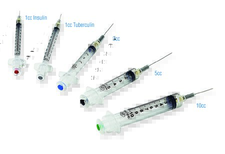  A display of five different syringes on a white background.