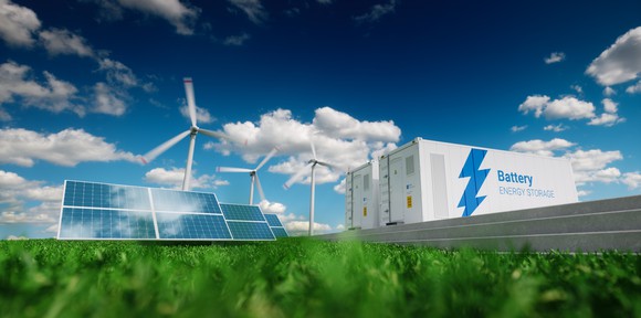 Wind, solar power, with battery storage equipment in a sunny landscape