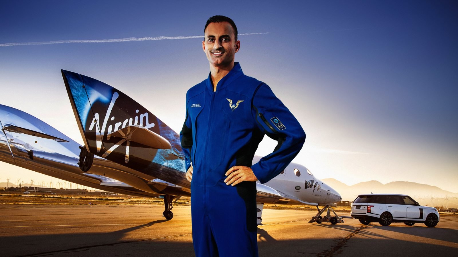 Virgin Galactic pilot Jameel Janjua modeling the company's spacesuit.