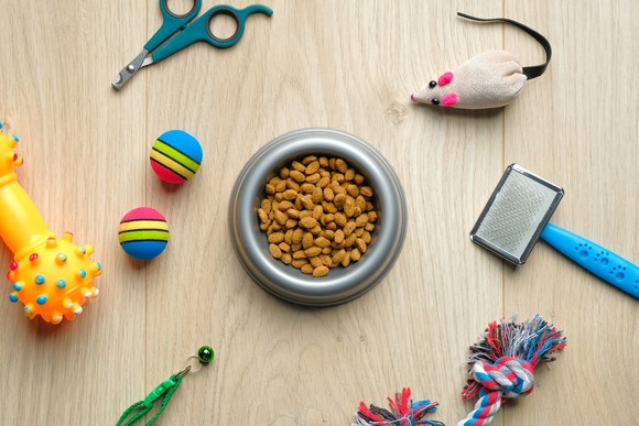 Assortment of various pet products, including toys, a food bowl, and a brush