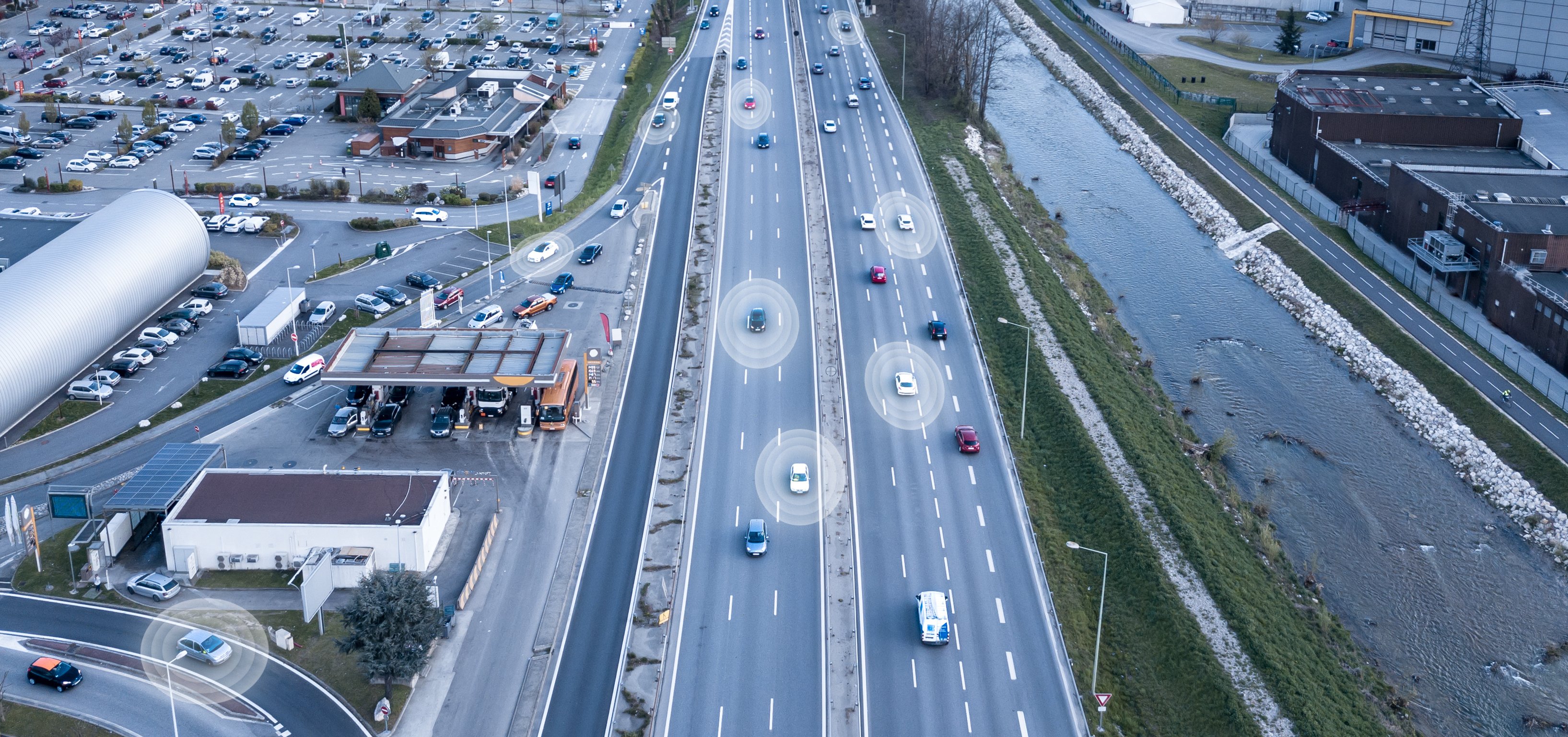 Illustration of autonomous cars detecting their surroundings