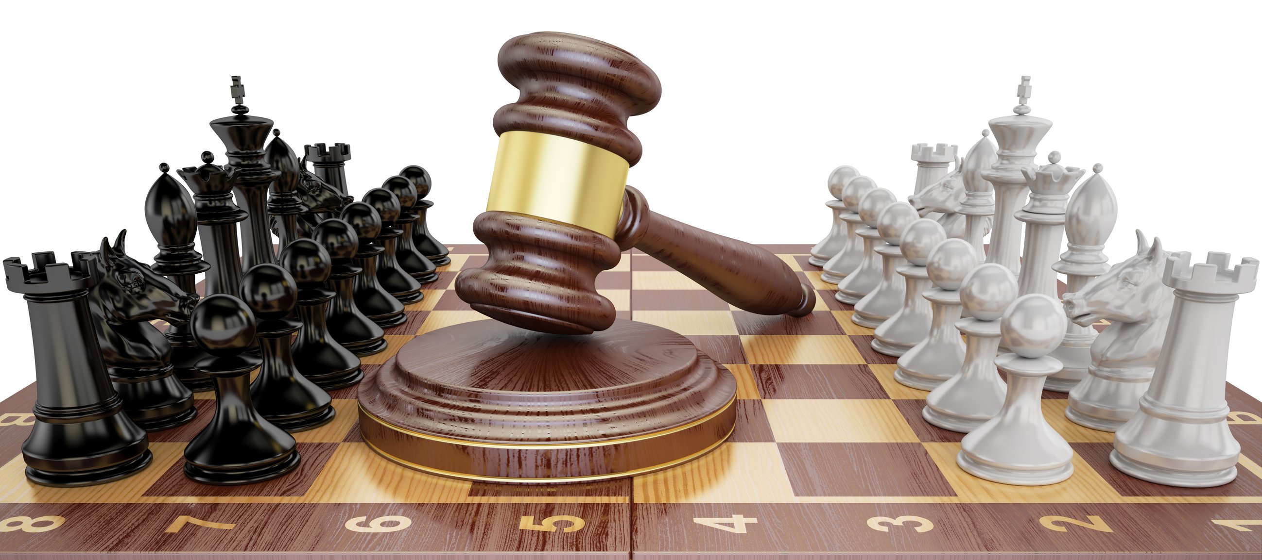 The legal profession represented as a chessboard with a judge's gavel on it.