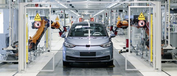 A Volkswagen ID.3 electric vehicle on the production line at VW's factory in Zwickau, Germany. 