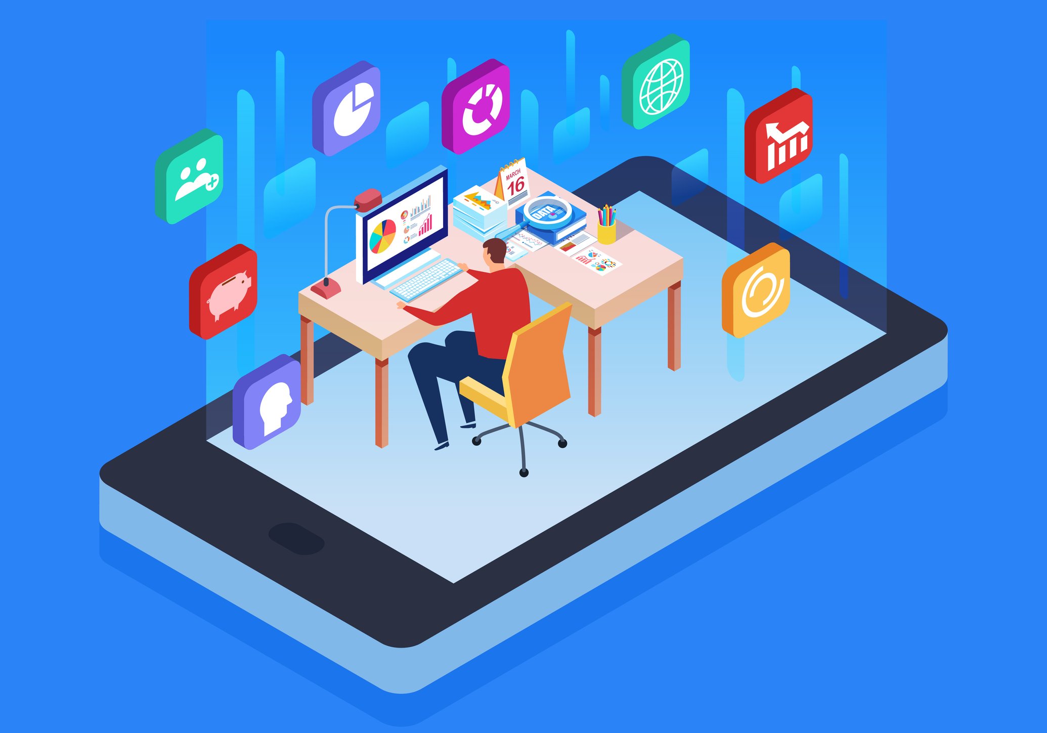 Illustration of productivity apps and a person sitting at a desk