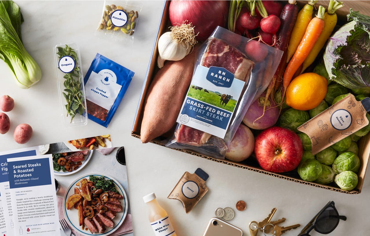 Blue Apron meal kit with skirt steak and vegetables