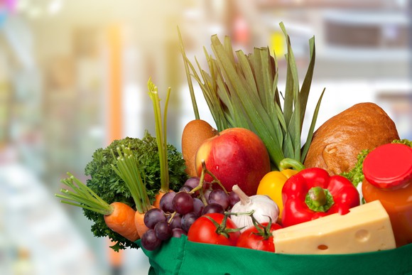 A bag of groceries seen up close.
