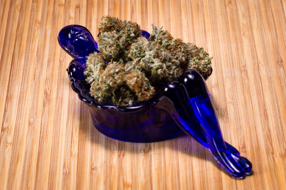marijuana buds in a dark blue glass bowl