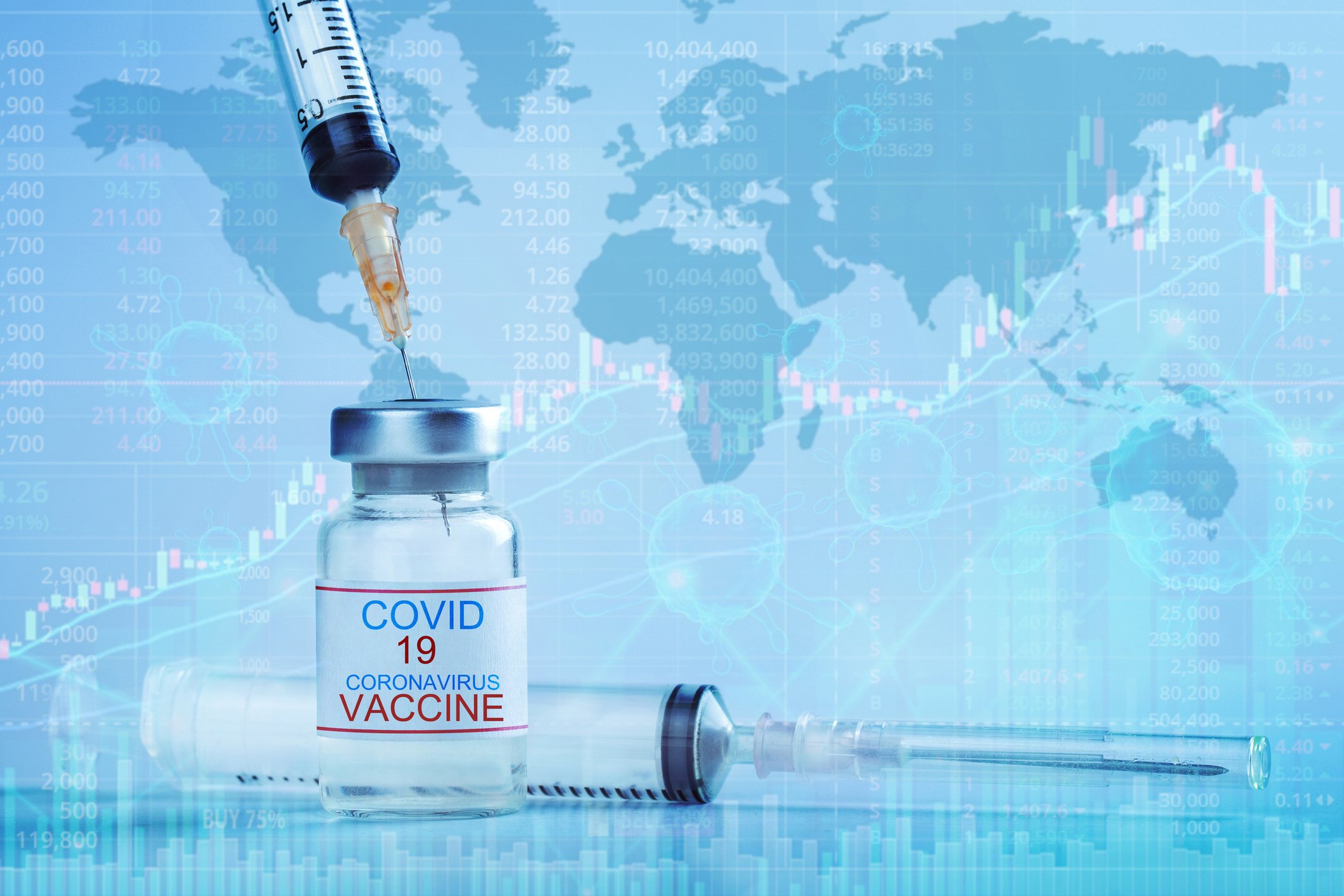 Coronavirus vaccine and syringe with world map in background