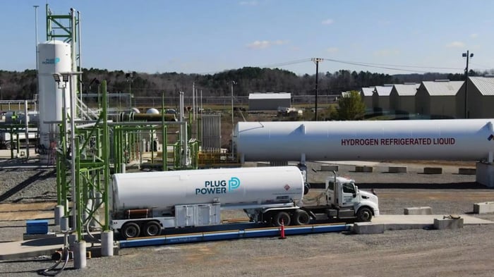 Tanker truck with Plug Power logo on it, at a fueling station.